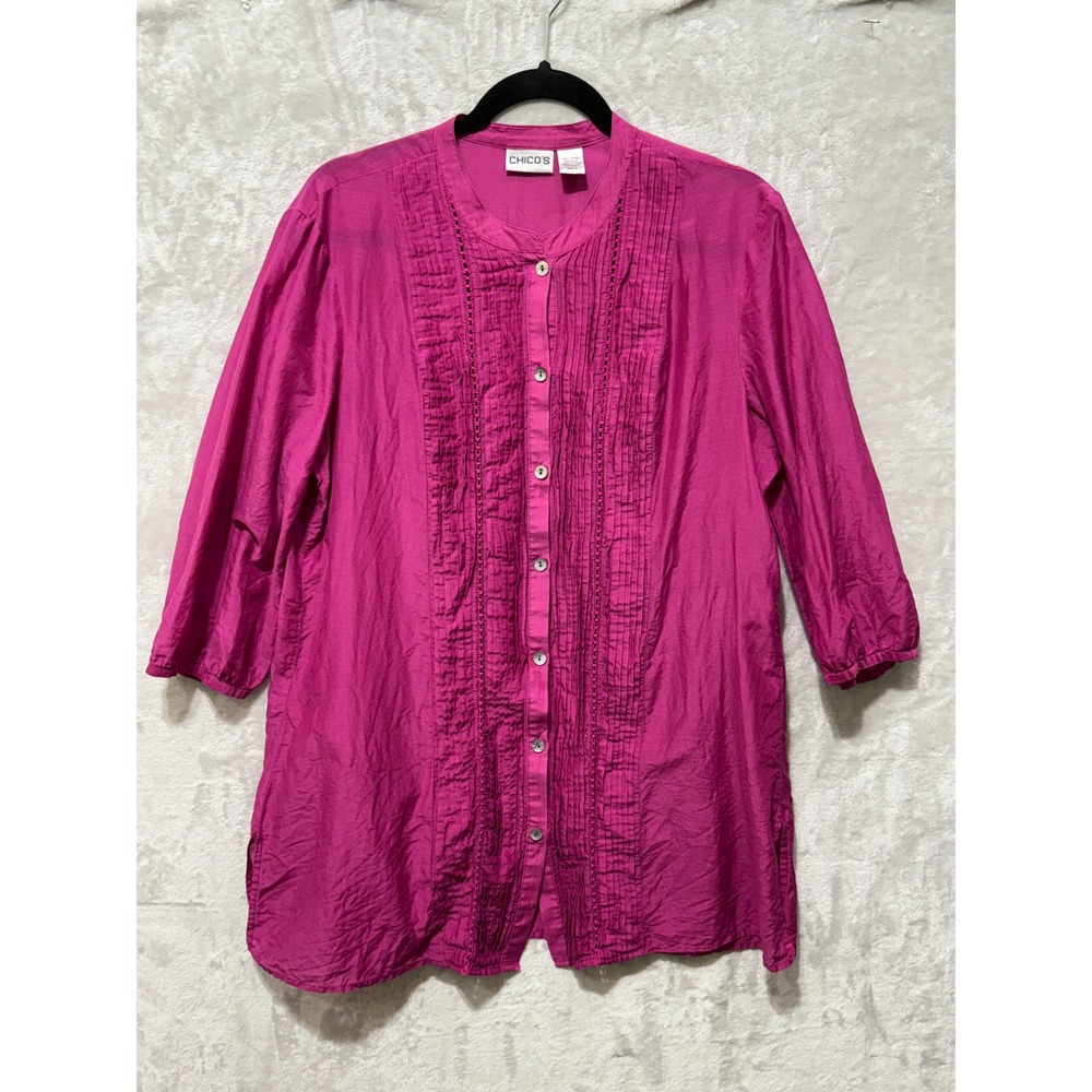 Chico's Womens Tunic Blouse Top Pink Pintuck 3/4 Sleeve Mandarin Collar Size 3